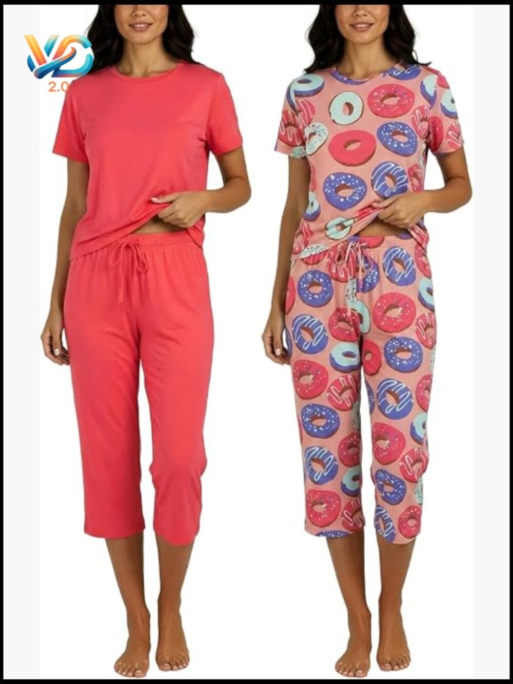 Short Sleeve Capri Pajama Set With Drawstring - 2 Pack Sleepwear Lounge Set